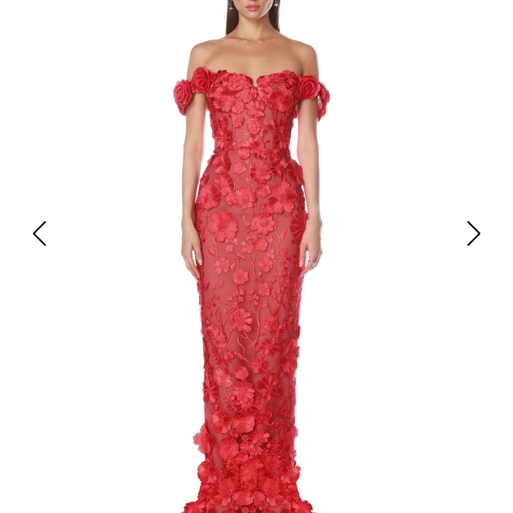 Bronx and Banco Red Floral Off-Shoulder Gown size 6